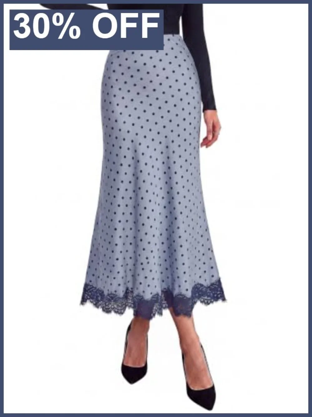 Satin Lace A-Line Midi Skirt High Waisted Flowy Day to Night